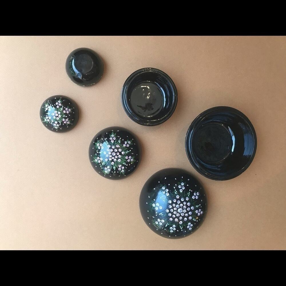 Vintage Black lacquer Nesting Boxes, Hand Painted, Set of Three